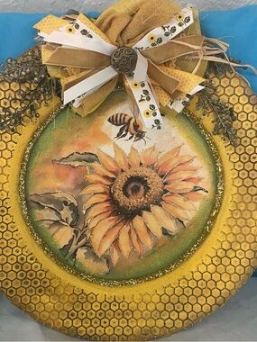Sunflower & Bee Honeycomb Wall Art - Yellow Accent Handmade Gifts